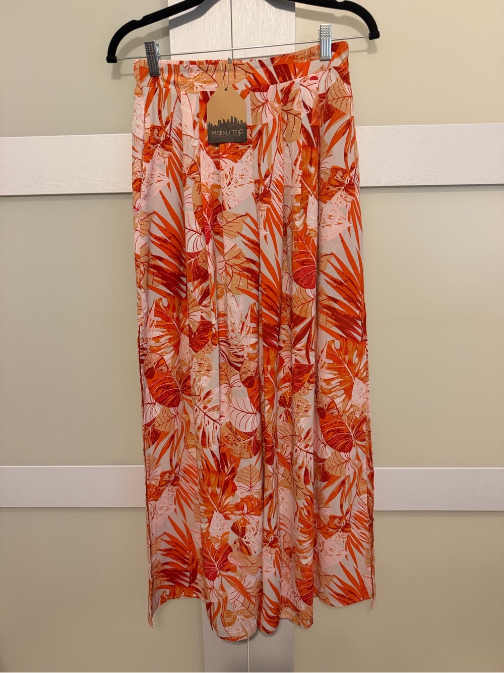 Main Strip Orange and Cream Tropical Leaf Wide Leg Pants